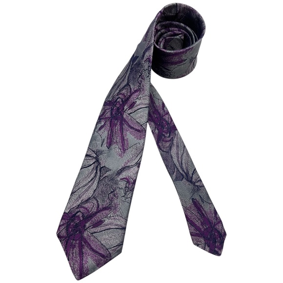 DION COLLECTION Purple/Gray Floral Silk DESIGNER Tie HANDMADE CANADA - Picture 1 of 4